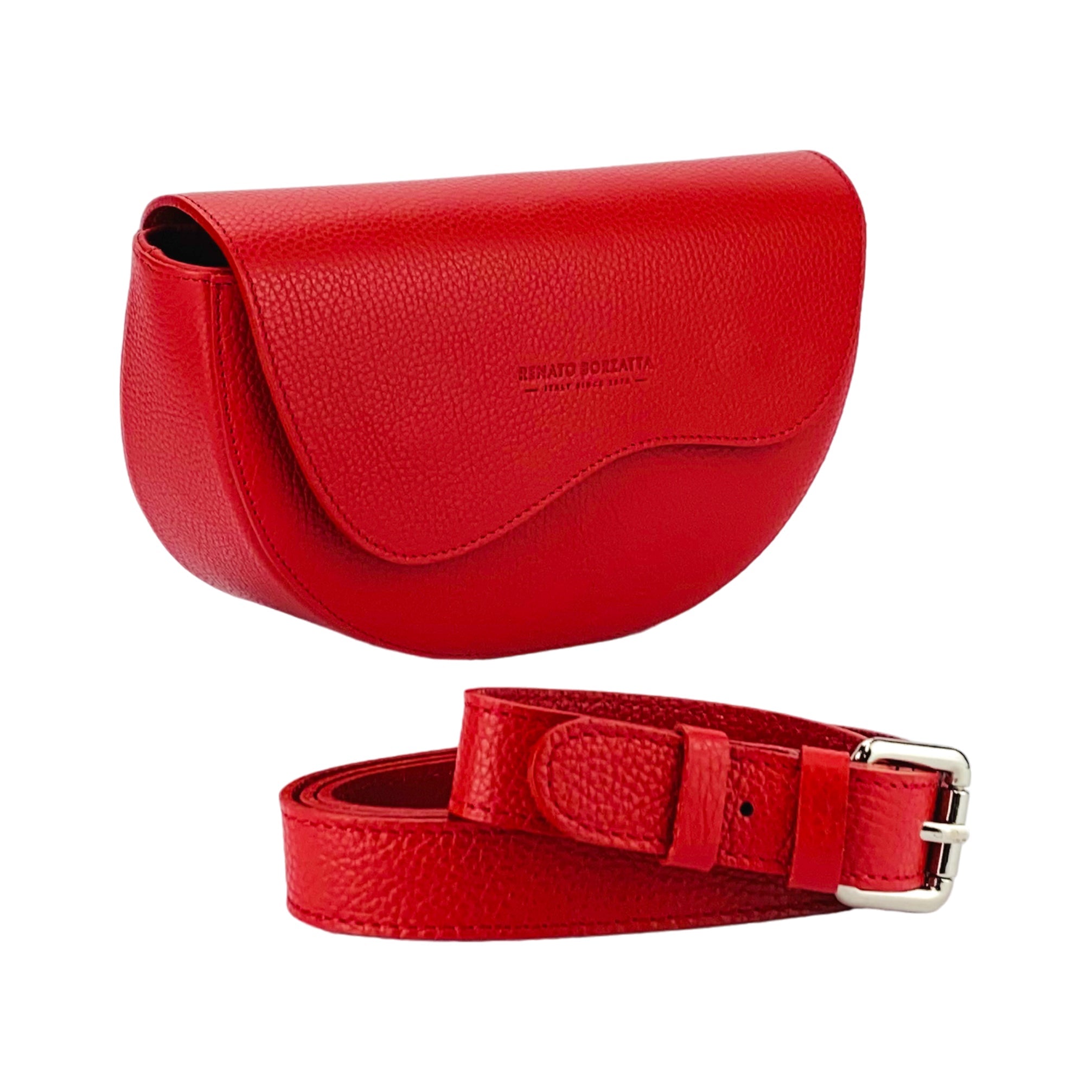 RB1027V | Women's Rounded Bandolier Bag in Genuine Leather Made in Italy. Removable and adjustable leather shoulder strap. Shiny Nickel hardware - Red color - Dimensions: 25 x 15 x 9 cm.-0