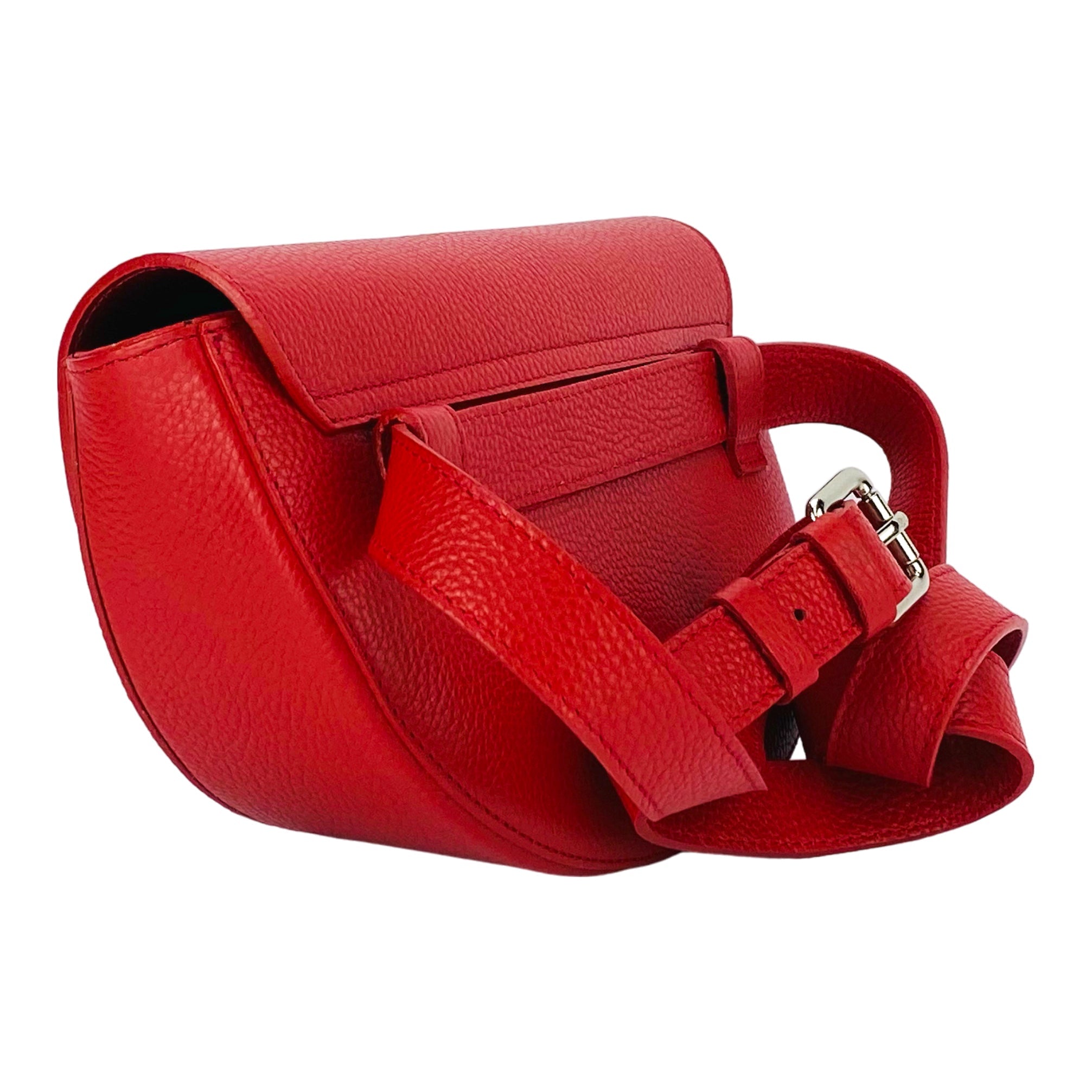 RB1027V | Women's Rounded Bandolier Bag in Genuine Leather Made in Italy. Removable and adjustable leather shoulder strap. Shiny Nickel hardware - Red color - Dimensions: 25 x 15 x 9 cm.-3