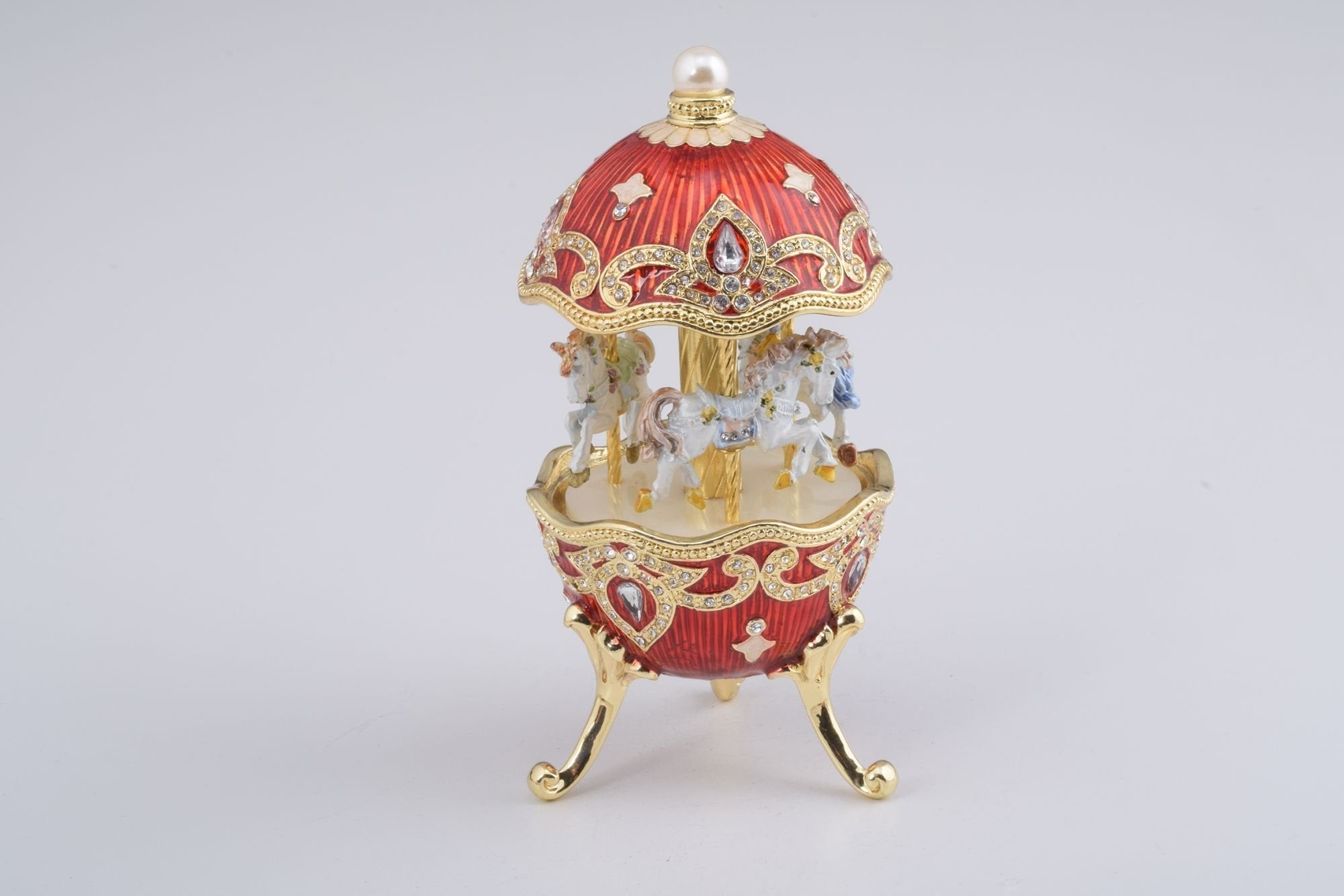 Red Wind up Horse Carousel Faberge Style Egg-3