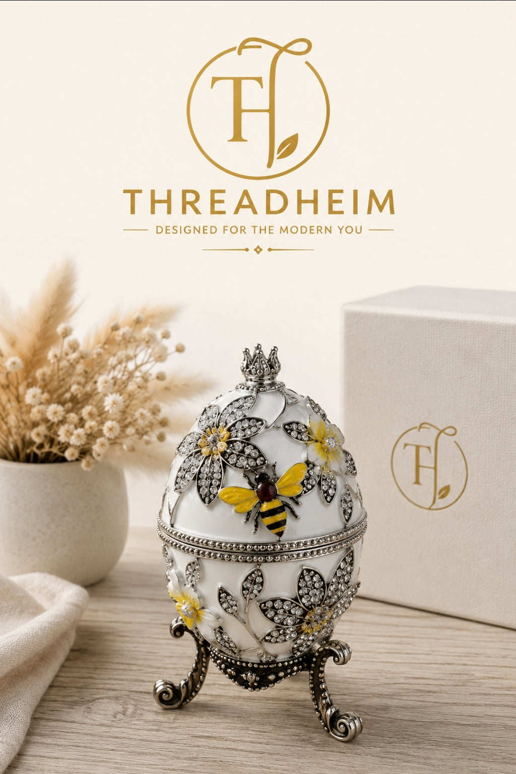 White Fabergé Egg Trinket Box with Hand-Painted Bees & Austrian Crystals