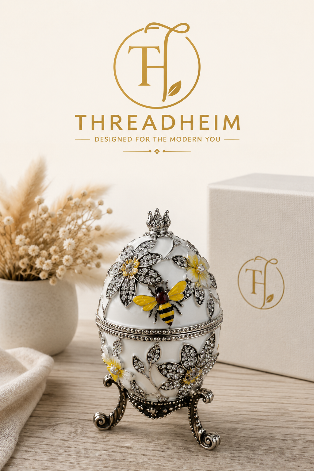 White Fabergé Egg Trinket Box with Hand-Painted Bees & Austrian Crystals