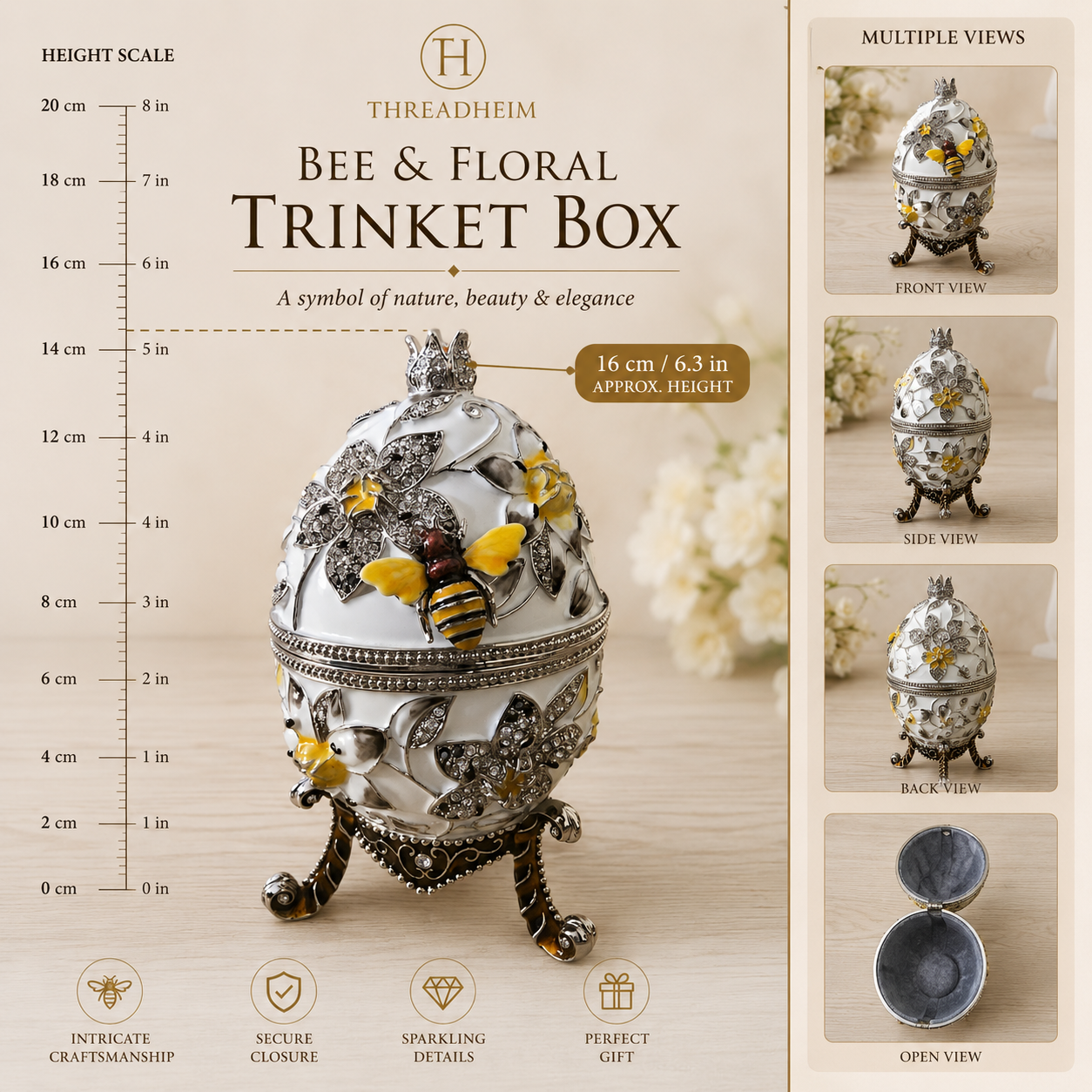 White Fabergé Egg Trinket Box with Hand-Painted Bees & Austrian Crystals