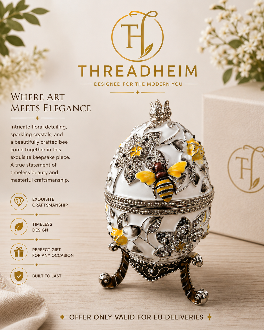 White Fabergé Egg Trinket Box with Hand-Painted Bees & Austrian Crystals